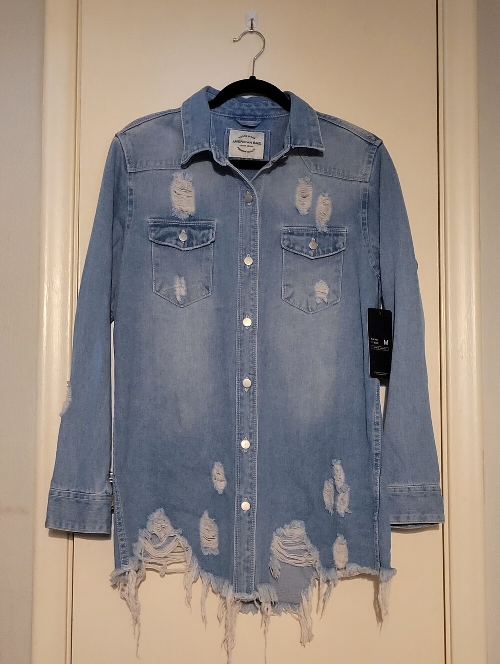 American Bazi Distressed Light Blue Denim Long Shirt Jacket Womens Size Medium